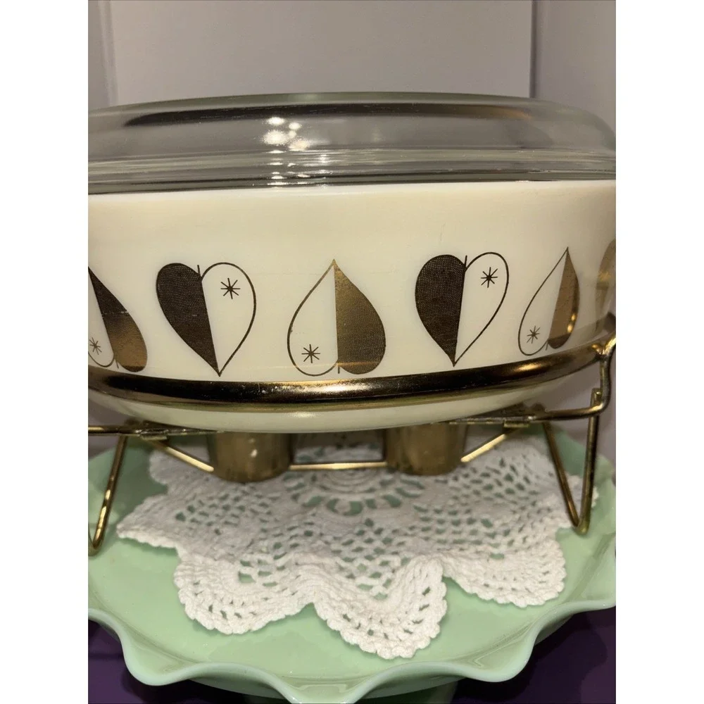 Vintage PYREX Golden Hearts‎ Promotional Casserole 045 2 1/2 Qt W/ Candle Warmer